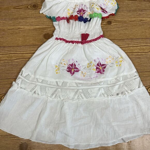 Embroidered Mexican Dress Girls White Flower Patterns 24” Length - Picture 3 of 16